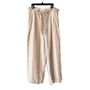Magaschoni Linen Tan White Stripe Crop Wide Leg Palazzo Pants size medium